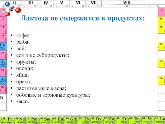 Лактоза не содержится в продуктах: кофе; рыба; чай; соя и