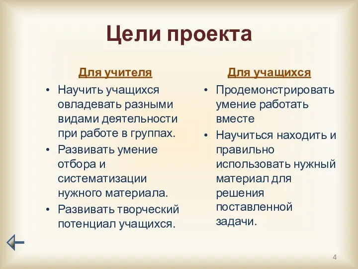 Цели проекта Для учителя Научить учащихся овладевать разными видами деятельности при работе в