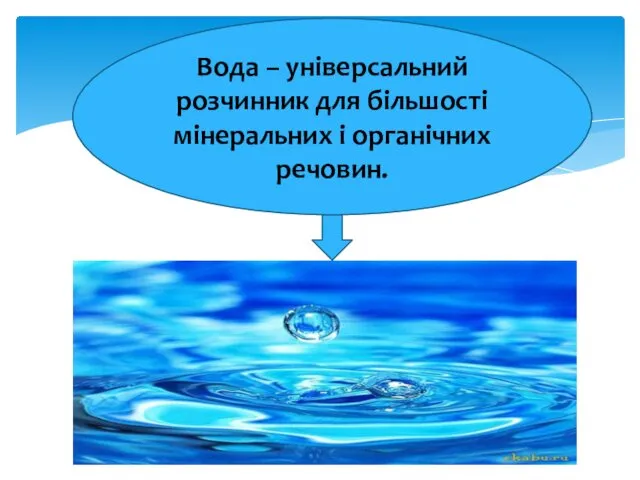 Вода – універсальний розчинник для більшості мінеральних і органічних речовин.