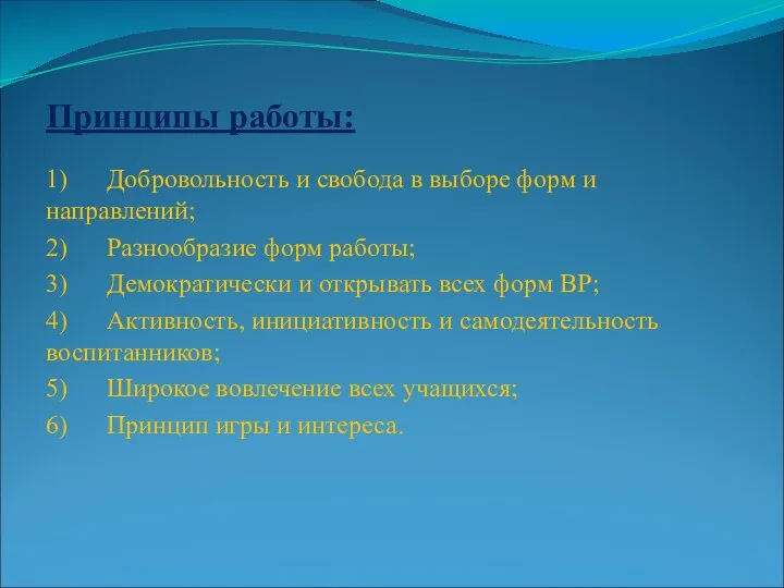 Принципы работы: 1) Добровольность и свобода в выборе форм и направлений; 2) Разнообразие