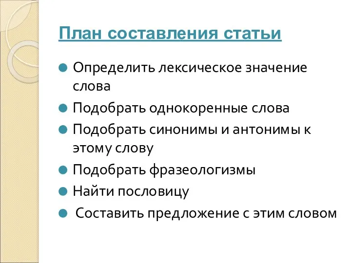 План составления статьи Определить лексическое значение слова Подобрать однокоренные слова Подобрать синонимы и