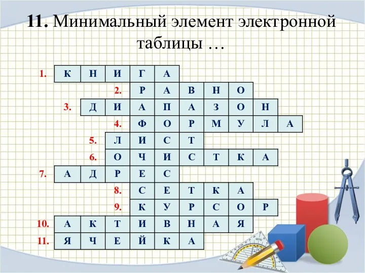 11. Минимальный элемент электронной таблицы …