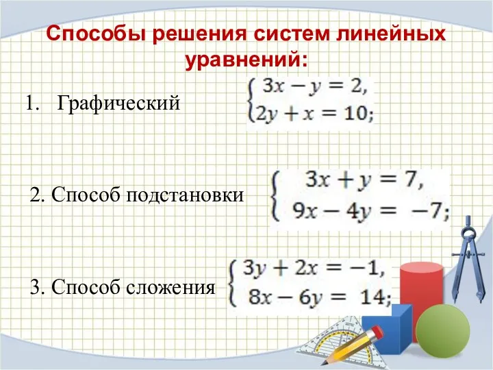 Способы решения систем линейных уравнений: Графический 2. Способ подстановки 3. Способ сложения