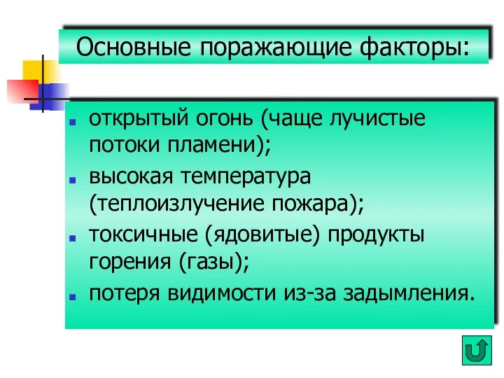 Основные поражающие факторы: открытый огонь (чаще лучистые потоки пламени); высокая