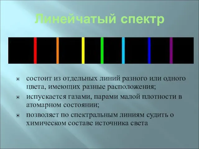 Линейчатый спектр состоит из отдельных линий разного или одного цвета,