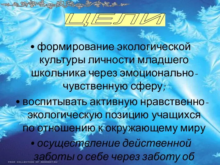 формирование экологической культуры личности младшего школьника через эмоционально-чувственную сферу; воспитывать