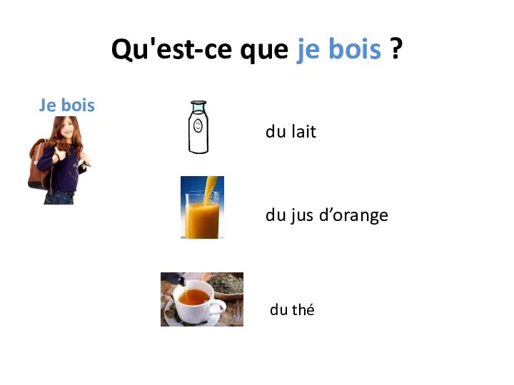 Qu'est-ce que je bois ? Je bois du lait du jus d’orange du thé