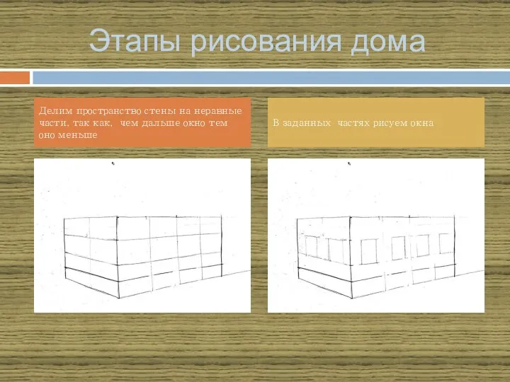 Этапы рисования дома Делим пространство стены на неравные части, так