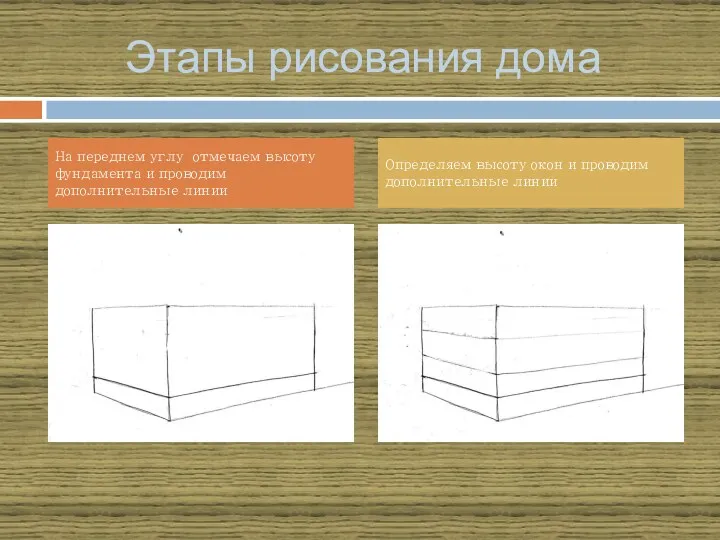 Этапы рисования дома На переднем углу отмечаем высоту фундамента и