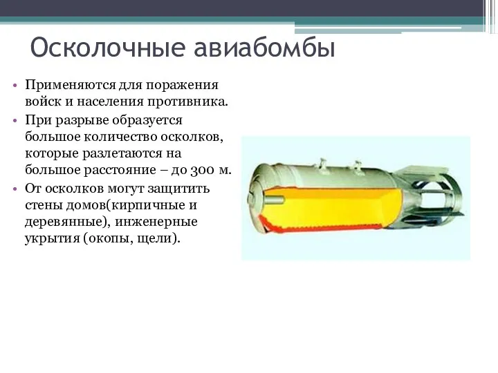 Осколочные авиабомбы Применяются для поражения войск и населения противника. При