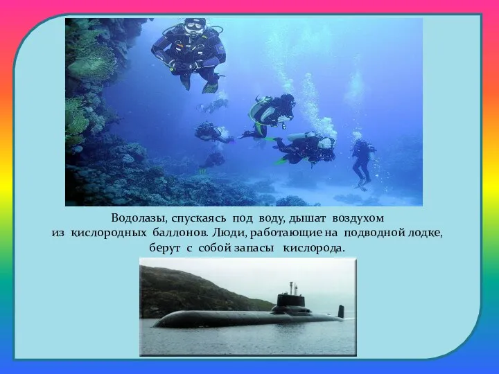 Водолазы, спускаясь под воду, дышат воздухом из кислородных баллонов. Люди,