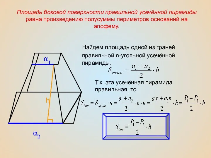 Площадь боковой поверхности правильной усечённой пирамиды равна произведению полусуммы периметров оснований на апофему.