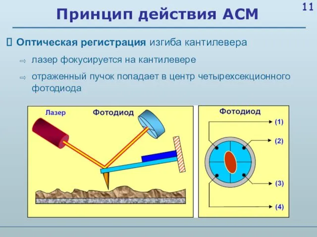 Принцип действия АСМ Оптическая регистрация изгиба кантилевера лазер фокусируется на кантилевере отраженный пучок