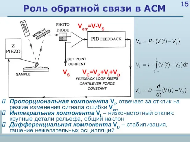 Роль обратной связи в АСМ VS Verr=V-VS VC=VP+VI+VD Пропорциональная компонента VP отвечает за