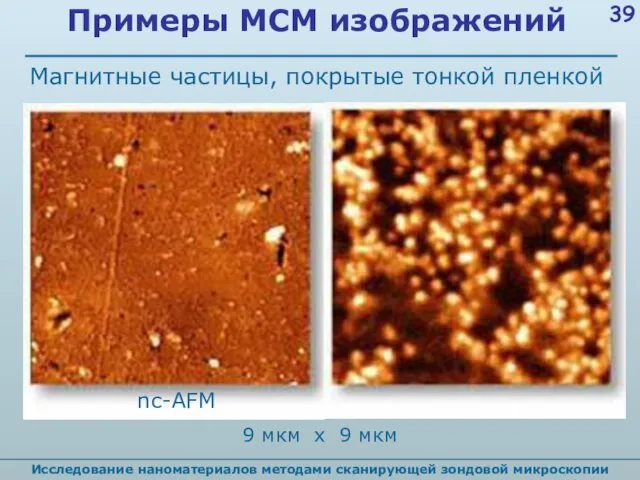 Исследование наноматериалов методами сканирующей зондовой микроскопии Примеры МСМ изображений Магнитные частицы, покрытые тонкой