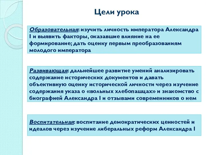 Цели урока Образовательная: изучить личность императора Александра I и выявить