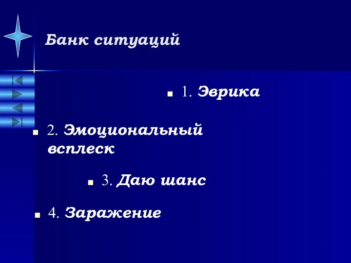 Банк ситуаций 1. Эврика 2. Эмоциональный всплеск 3. Даю шанс 4. Заражение