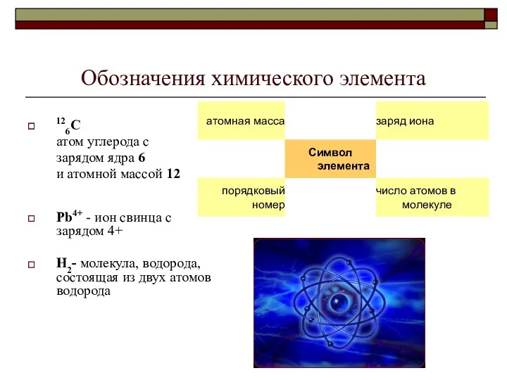 Обозначения химического элемента 126С атом углерода с зарядом ядра 6
