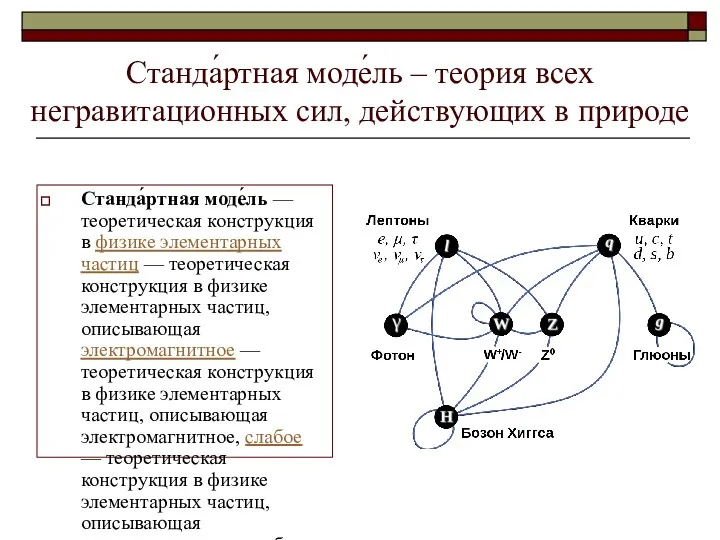 Станда́ртная моде́ль – теория всех негравитационных сил, действующих в природе