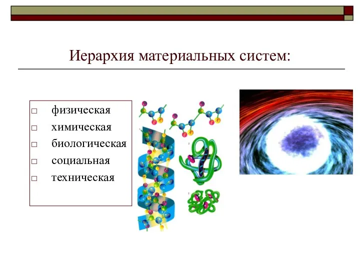 Иерархия материальных систем: физическая химическая биологическая социальная техническая