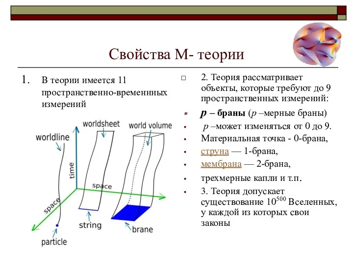 Свойства М- теории 1. В теории имеется 11 пространственно-временнных измерений