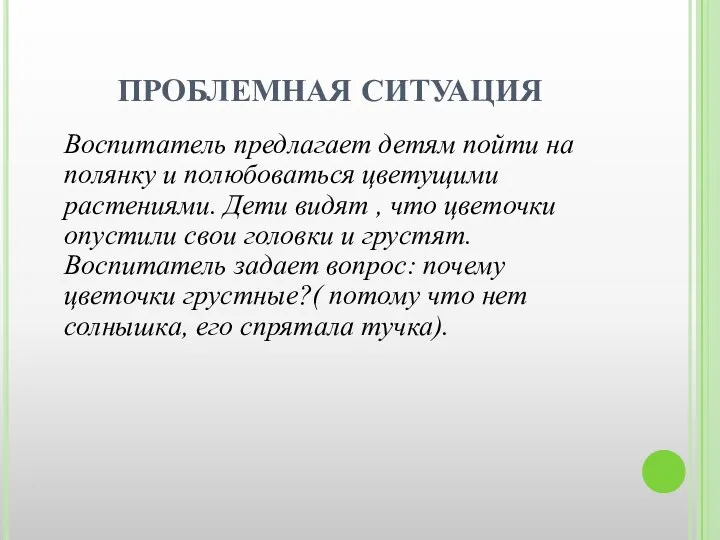 ПРОБЛЕМНАЯ СИТУАЦИЯ Воспитатель предлагает детям пойти на полянку и полюбоваться