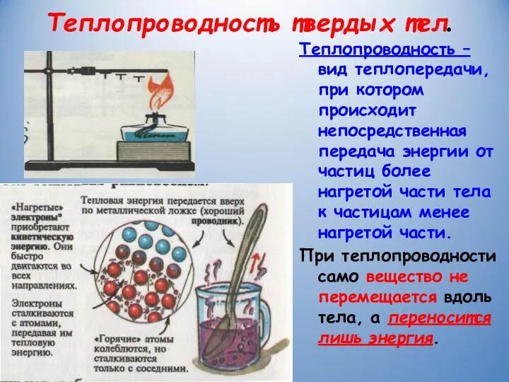 Теплопроводность твердых тел. Теплопроводность – вид теплопередачи, при котором происходит