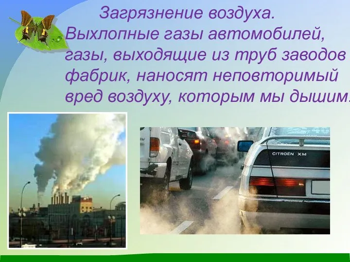 Загрязнение воздуха. Выхлопные газы автомобилей, газы, выходящие из труб заводов фабрик, наносят неповторимый