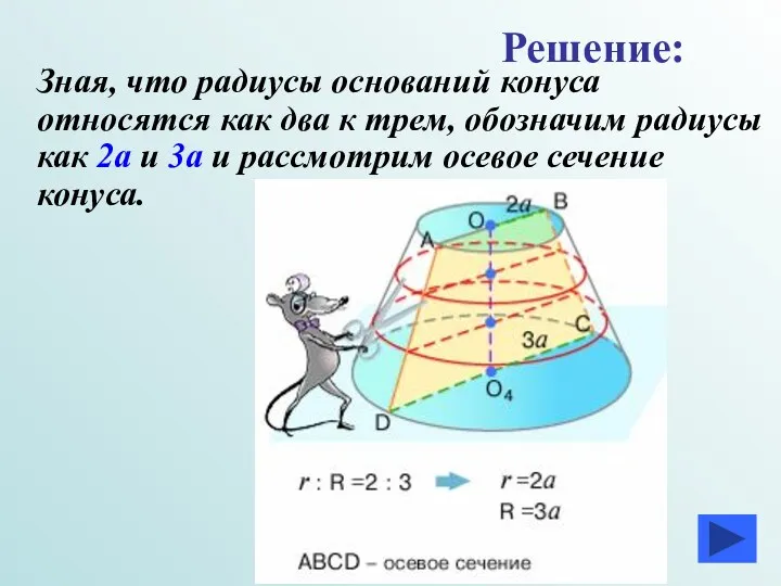 Зная, что радиусы оснований конуса относятся как два к трем,