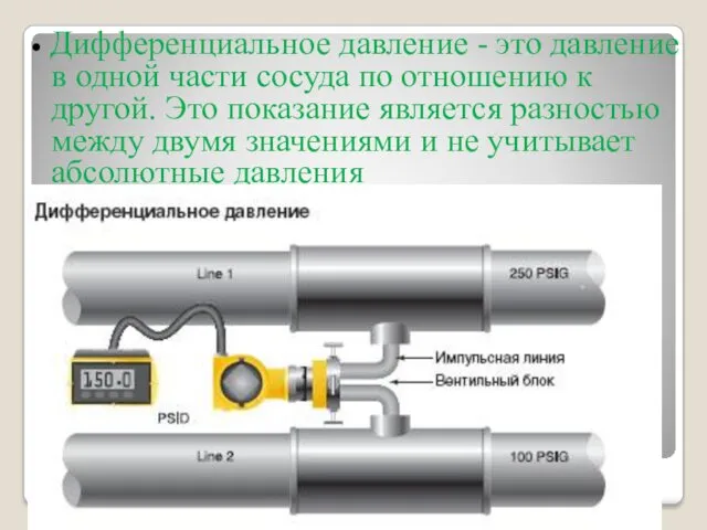 • Дифференциальное давление - это давление в одной части сосуда по отношению к