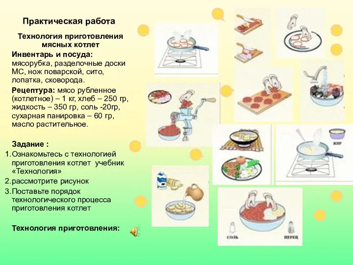 Практическая работа Технология приготовления мясных котлет Инвентарь и посуда: мясорубка,