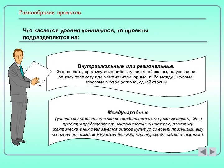 Разнообразие проектов Что касается уровня контактов, то проекты подразделяются на: