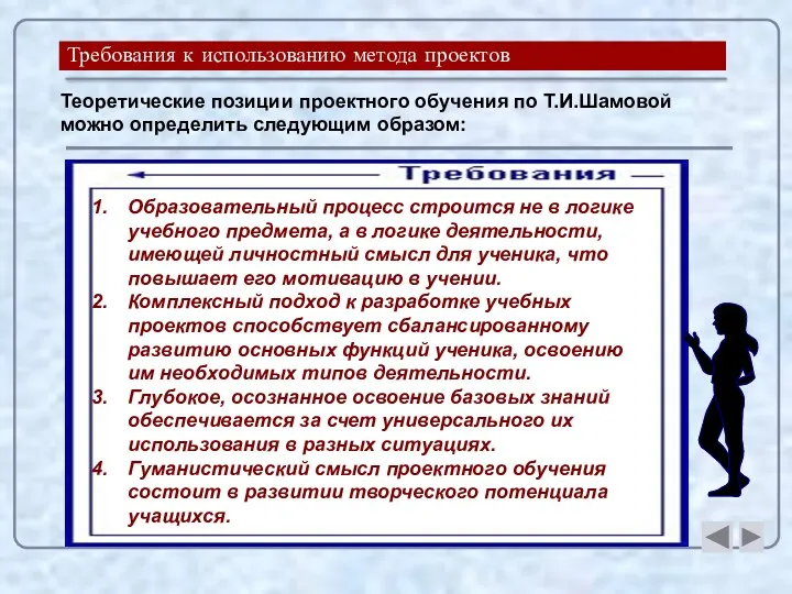 Требования к использованию метода проектов Теоретические позиции проектного обучения по