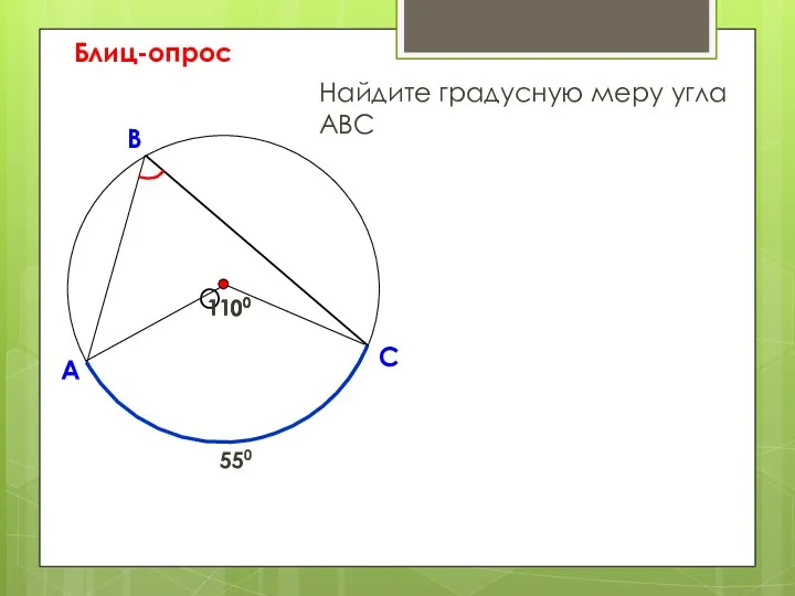 Блиц-опрос А С В Найдите градусную меру угла АВС 1100 О 1100 550