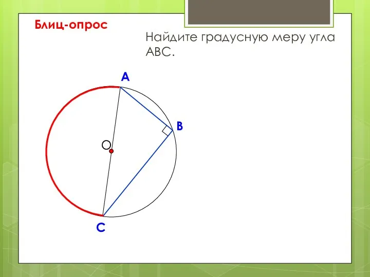 Найдите градусную меру угла АВС. О В А С Блиц-опрос
