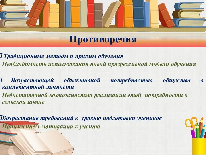 Противоречия Традиционные методы и приемы обучения Необходимость использования новой прогрессивной