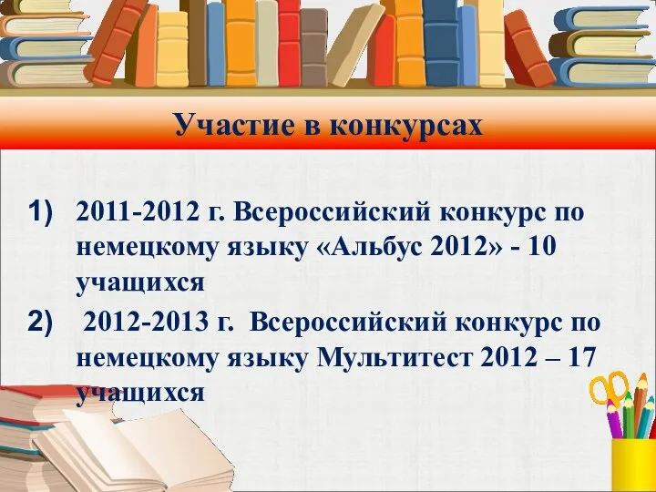 Участие в конкурсах 2011-2012 г. Всероссийский конкурс по немецкому языку