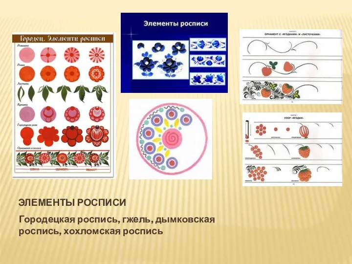 Элементы росписи Городецкая роспись, гжель, дымковская роспись, хохломская роспись