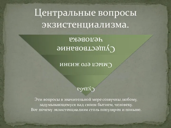 Центральные вопросы экзистенциализма. Эти вопросы в значительной мере созвучны любому,