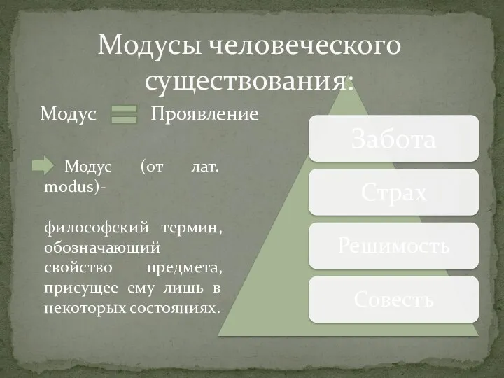 Модусы человеческого существования: Модус (от лат. modus)- философский термин, обозначающий