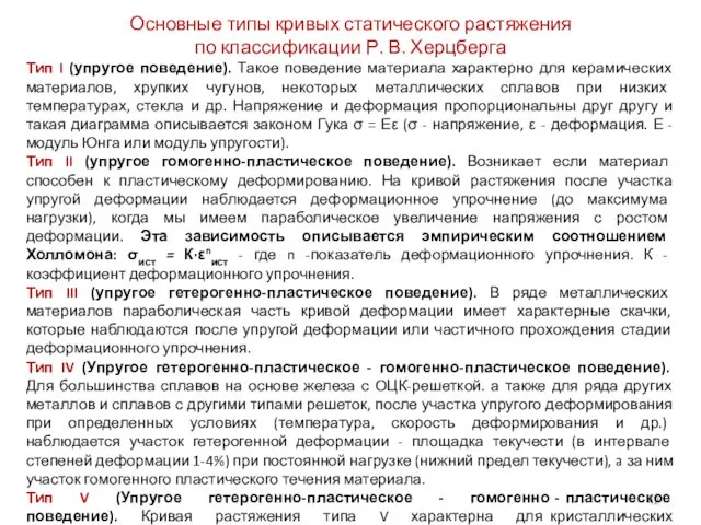 Основные типы кривых статического растяжения по классификации Р. В. Херцберга