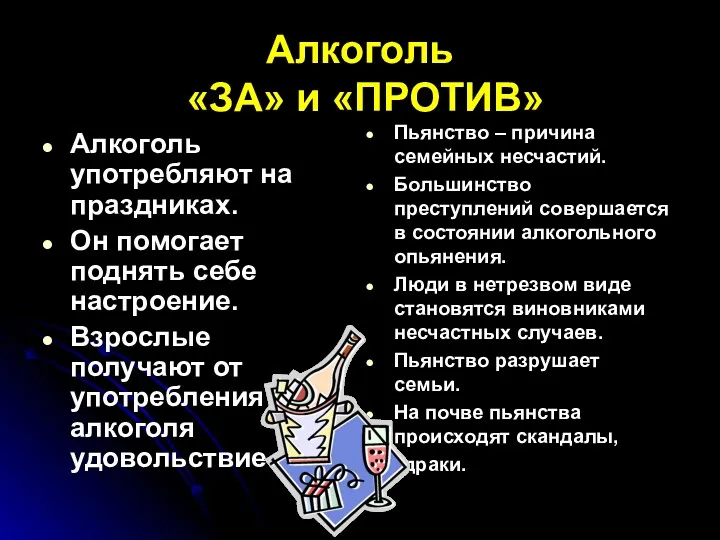 Алкоголь «ЗА» и «ПРОТИВ» Алкоголь употребляют на праздниках. Он помогает