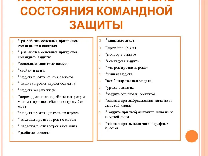 КОНТРОЛЬНЫЙ ПЕРЕЧЕНЬ СОСТОЯНИЯ КОМАНДНОЙ ЗАЩИТЫ * разработка основных принципов командного нападения * разработка