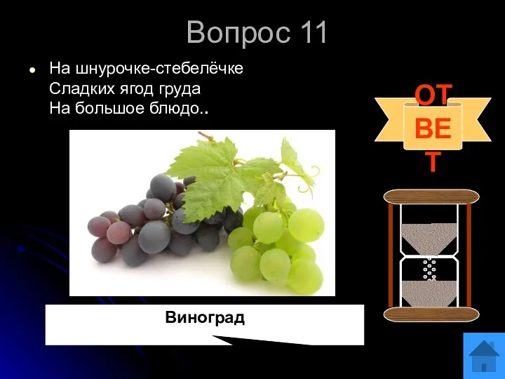 Вопрос 11 На шнурочке-стебелёчке Сладких ягод груда На большое блюдо.. ОТВЕТ Виноград