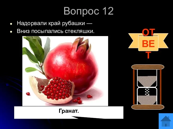 Вопрос 12 Надорвали край рубашки — Вниз посыпались стекляшки. ОТВЕТ Гранат.