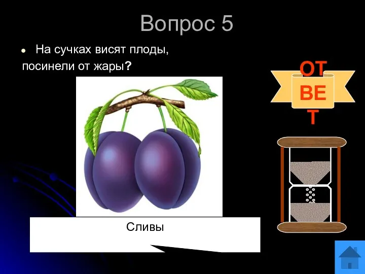 Вопрос 5 На сучках висят плоды, посинели от жары? ОТВЕТ Сливы