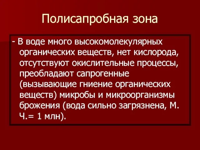 Полисапробная зона - В воде много высокомолекулярных органических веществ, нет