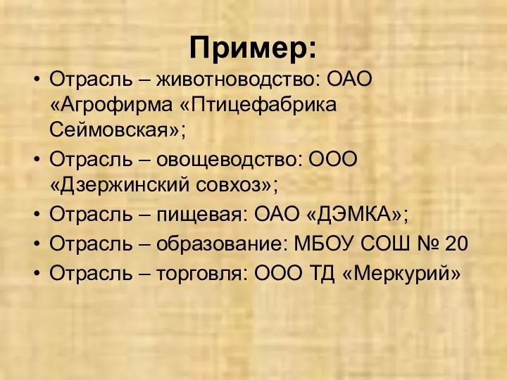 Пример: Отрасль – животноводство: ОАО «Агрофирма «Птицефабрика Сеймовская»; Отрасль –