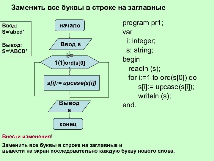 Заменить все буквы в строке на заглавные Ввод: S=‘abcd’ Вывод: