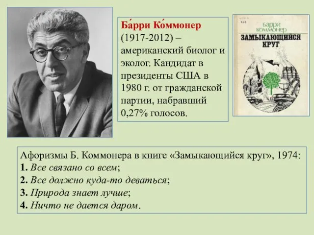 Ба́рри Ко́ммонер (1917-2012) – американский биолог и эколог. Кандидат в